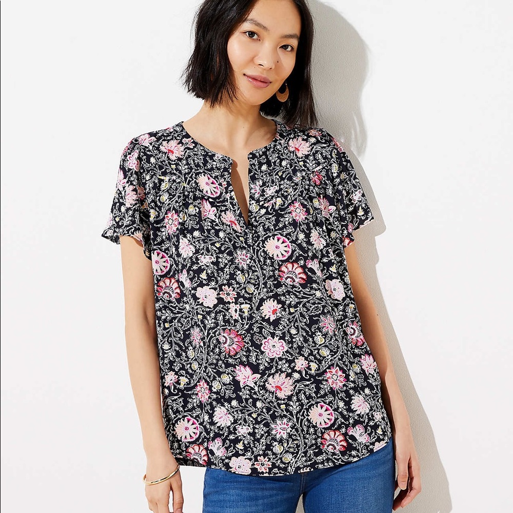 LOFT Floral Flutter Sleeve Mixed Media Top
